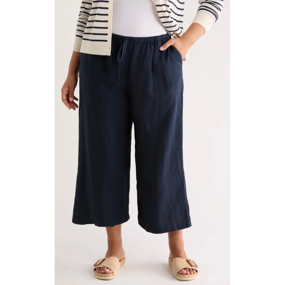 Caslon Womens Navy Blue Cotton Gauze Wide Leg Drawstring Cropped Pants XL NWT